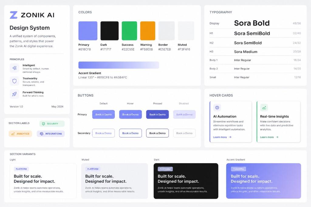 Zonik AI design system: boje, tipografija, komponente